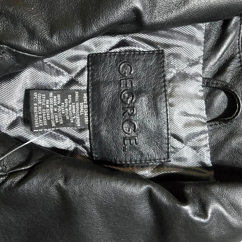 George Mens Black Leather Jacket Full Zip Quilted Lined Small 634A500 Rich Black